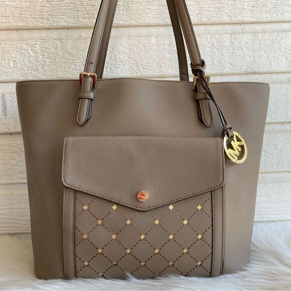 MICHAEL KORS Tan Grey Leather Perforated Pocket Jet Set Tote - Picture 1 of 10